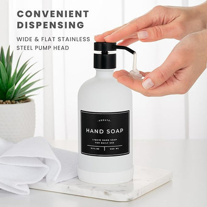 Hand and Dish Soap Dispenser for Kitchen and Bathroom, Set of 2 16 Oz Glass Bottles, Stainless Steel Pumps, Non-Slip Silicone Base, 27 Waterproof Labels (Matte White Bottle/Black Pump) - Image 4
