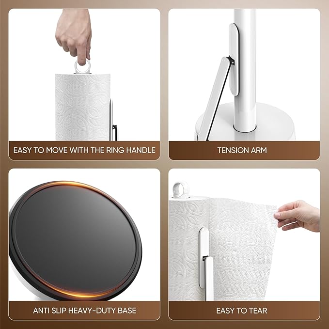 theaoo Heavy-Duty Stainless Steel Paper Towel Holder with Tension Arm – Easy One-Handed Tear, Modern Standing Countertop Dispenser for Kitchen, Holds All Paper Towel Rolls (1, White) - Image 6
