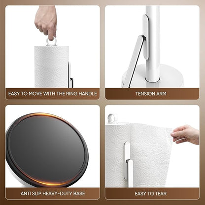 theaoo Heavy-Duty Stainless Steel Paper Towel Holder with Tension Arm – Easy One-Handed Tear, Modern Standing Countertop Dispenser for Kitchen, Holds All Paper Towel Rolls (1, White) - Image 6