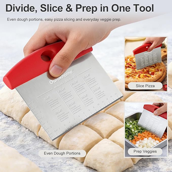 Ourokhome 2 Pack Bench Scraper Dough Cutter, Stainless Steel Dough Scraper with Laser-Etched Scale, Conversion Chart, Non-Slip Handle, Dishwasher Safe for Bread & Pastry, Red - Image 4