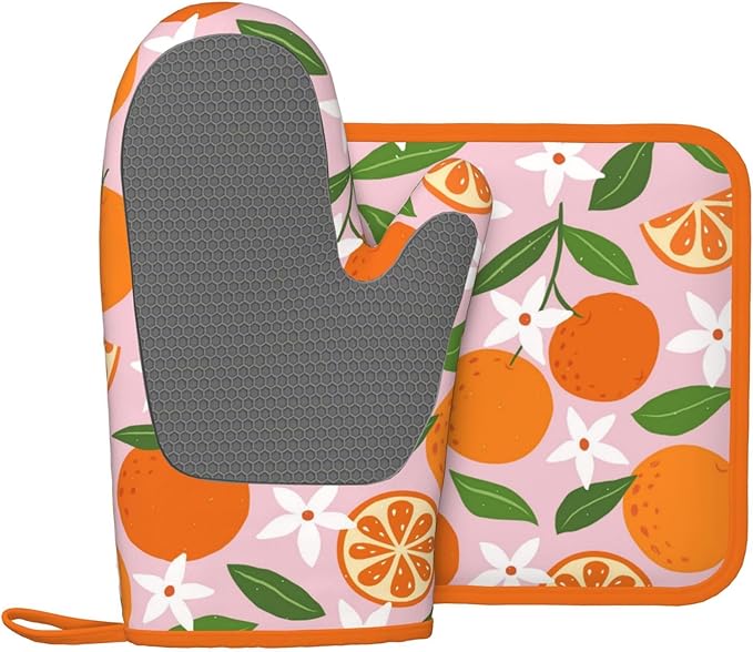 Tropical Fruit Oranges Silicone Oven Mitts Pan Mats Set of 2, Heat Resistant Gloves Potholder with Non-Slip Grips Hanging Loops Pot Holder, Spring Summer for Chef Cooking, Baking, Grilling, BBQ
