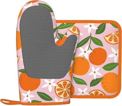 Tropical Fruit Oranges Silicone Oven Mitts Pan Mats Set of 2, Heat Resistant Gloves Potholder with Non-Slip Grips Hanging Loops Pot Holder, Spring Summer for Chef Cooking, Baking, Grilling, BBQ