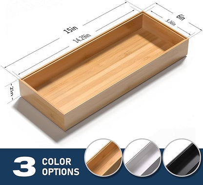 VeyFey Bamboo Drawer Organizer, Stackable Utensil Organizer for Kitchen, Bamboo Storage Box Wood Silverware Tray for Drawer 15" x 6" x 2" Set of 2 - Image 6