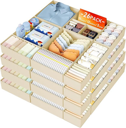 DIMJ Drawer Organizer Clothes, 26 Pack Dresser Organizer, Foldable Closet Organizers and Storage, Fabric Dresser Bins, Drawer Dividers for Nursery, Baby Clothes, Underwears, Sock,Beige by DiMJ