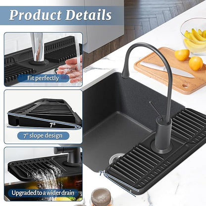 PoYang 14.6 inch Faucet Mat for Kitchen Sink Splash Guard, 7° Slope Silicone Sink Water Splash Guard for Kitchen Sink Area with Snap Button, Small Sink Protectors for kitchen Sink Sponge Holder, Black