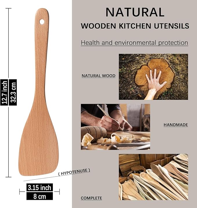 2PCS Wooden Spatulas for Cooking,12.8inch Coated Beech Wood Turners for Frying,Non-Scratch Wood Bevel Spurtle for Pan & Wok,Wooden Cooking Utensils for Non Stick Cookware,Long Handle Scraper - Image 2