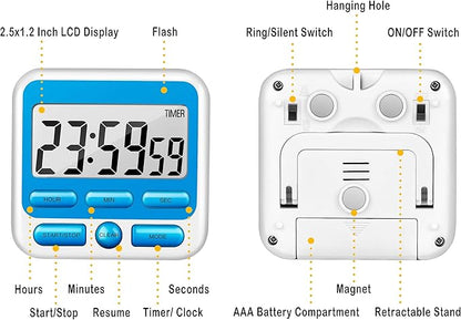 KTKUDY Digital Kitchen Timer with Mute/Loud Alarm Switch ON/Off Switch, 12-Hour Clock & Alarm, Memory Function Count Up & Count Down for Kids Teachers Cooking, Large LCD Display, Strong Magnet (Blue) - Image 7