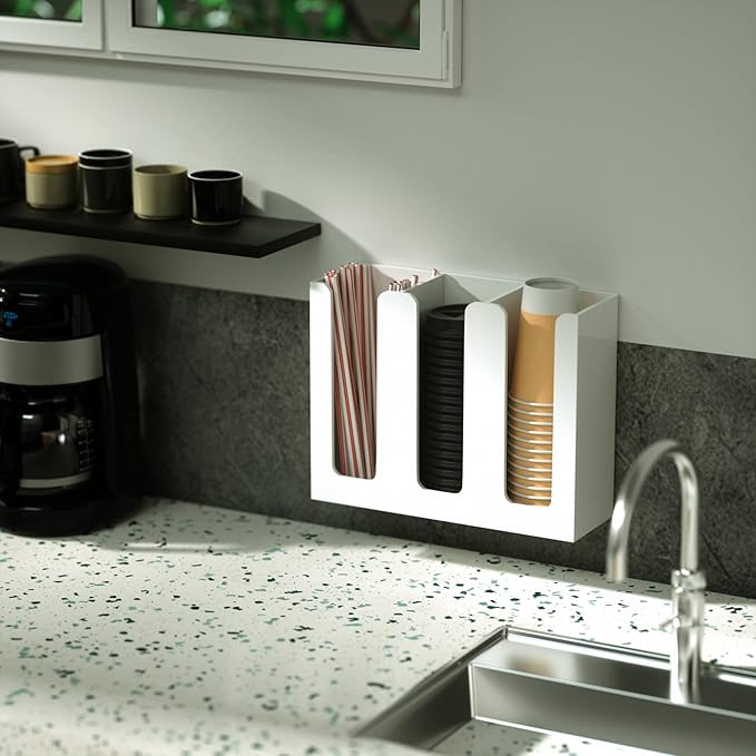 Richboom Acrylic Coffee Cup and Lid Storage Organizer Holder, 3 Compartments, White - Image 7