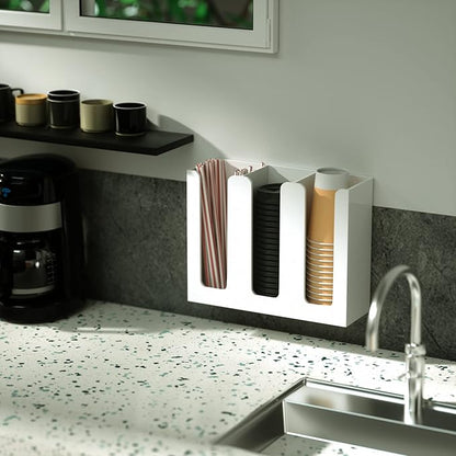 Richboom Acrylic Coffee Cup and Lid Storage Organizer Holder, 3 Compartments, White - Image 7
