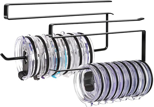 2 Pack Tumbler Lid Organizer, Horizontal Tumbler Lid Storage Hook Up to 20 Lids, Space Saving Cup Lid Holder Under Cabinet Tumbler Lid Hook for Kitchen Organizer, Paper Towel Hanger(Round&Flat, Black) by JOLENSOY