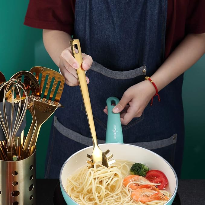 Gold Spaghetti Spoon, Berglander Pasta Server With Titanium Gold Plating, Stainless Steel Spaghetti Server For Cooking, Pasta Fork, Noddle Fork, Dishwasher Safe, Easy to Clean - Image 8