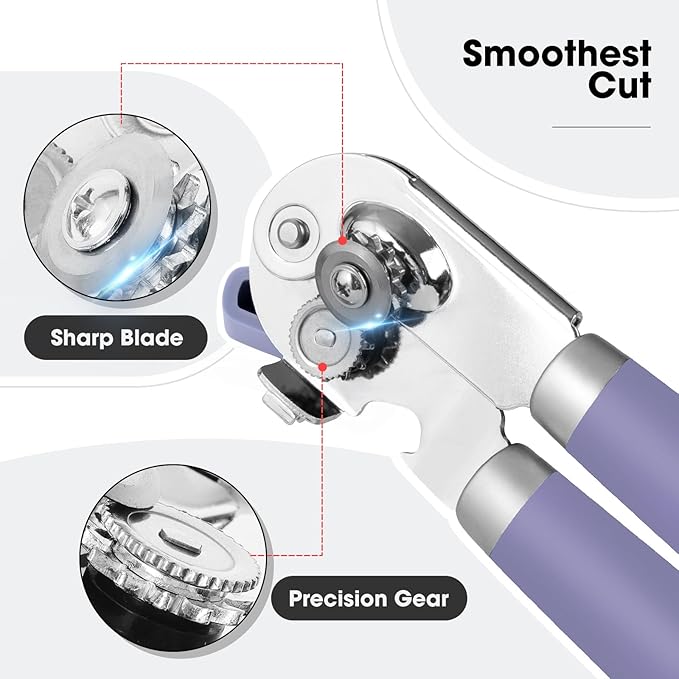 Beneno Heavy Duty Hand Can Opener Manual with Magnet, Durable Sharp Carbon Steel Blade Smooth Cutting, Big Effort-Saving Knob, Soft Grip Handle, Multifunctional Kitchen Tool with Bottle Opener, Purple - Image 3
