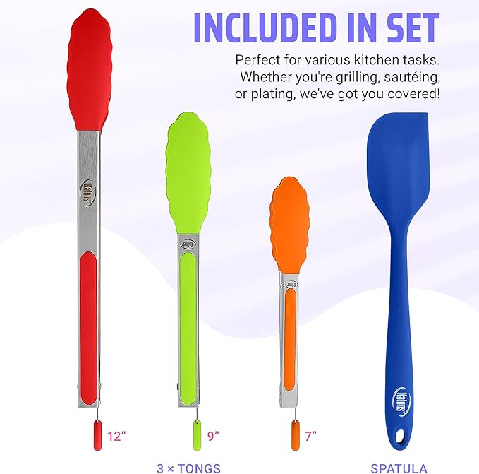 Kaluns Kitchen Tongs for Cooking Grilling Set of 4, BBQ Grill Tongs With Silicone Tip Stainless Steel Heat Resistant, Non-stick Pull Lock, Incl 7, 9, 12 Inch Tong Plus a Silicone Spatula - Image 2