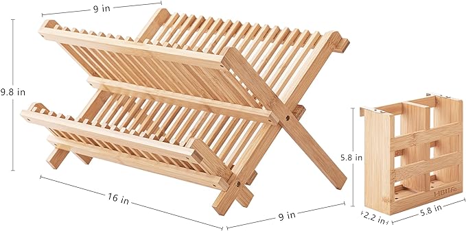 HBlife Dish Rack, Bamboo Folding 2-Tier Collapsible Drainer Dish Drying Rack with Utensils Flatware Holder Set (Dish Rack with Utensil Holder) - Image 3