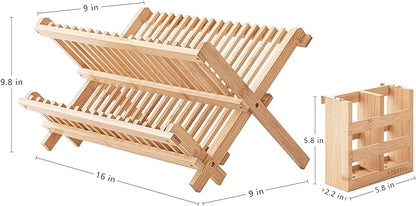 HBlife Dish Rack, Bamboo Folding 2-Tier Collapsible Drainer Dish Drying Rack with Utensils Flatware Holder Set (Dish Rack with Utensil Holder) - Image 3
