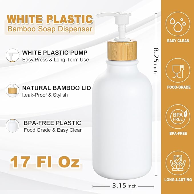 KASUNTING White Soap Dispenser, 2 Pack Plastic Bathroom Hand Soap and Lotion Dispenser Set with Bamboo Pump, 17 Fl Oz Hand and Dish Soap Dispensers Set for Kitchen, Refillable Liquid Soap Bottles - Image 3