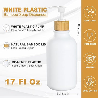KASUNTING White Soap Dispenser, 2 Pack Plastic Bathroom Hand Soap and Lotion Dispenser Set with Bamboo Pump, 17 Fl Oz Hand and Dish Soap Dispensers Set for Kitchen, Refillable Liquid Soap Bottles - Image 3