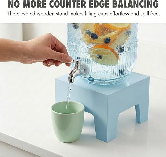 Beverage Dispenser 1 Gallon, Glass Drink Dispenser with Wooden Base Stand, Wide Mouth Jar for Lemonade, Iced Tea, Infused Water, Vintage Kitchen Decor - Blue