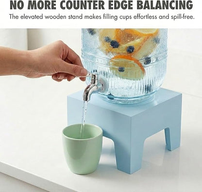 Beverage Dispenser 1 Gallon, Glass Drink Dispenser with Wooden Base Stand, Wide Mouth Jar for Lemonade, Iced Tea, Infused Water, Vintage Kitchen Decor - Blue