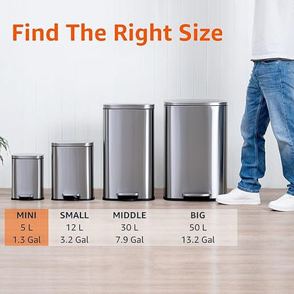 Amazon Basics Smudge Resistant Mini Rectangular Trash Can with Soft-Close Lid, Foot Pedal, Removable Inner Bucket, 5L/1.32 Gal, Brushed Stainless Steel, for Bathroom & Small Space, Satin Nickel Finish - Image 4