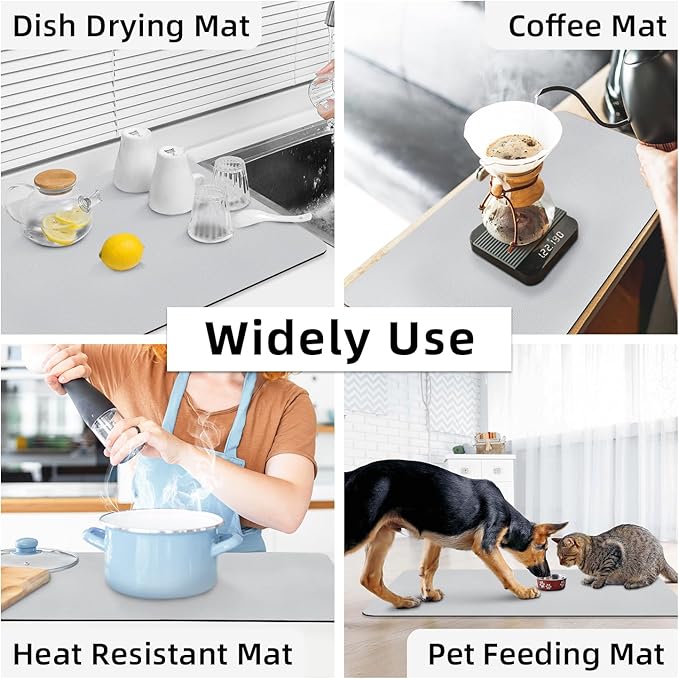 LOPNUR Kitchen Dish Drying Mat, 31.5"x17" Dish Drying Mats for Kitchen Counter, Diatomite Coffee Mat, Super Absorbent Dish Drying Pad, Heat Resistant Mat with Anti-slip Rubber Backed, Light Grey - Image 7