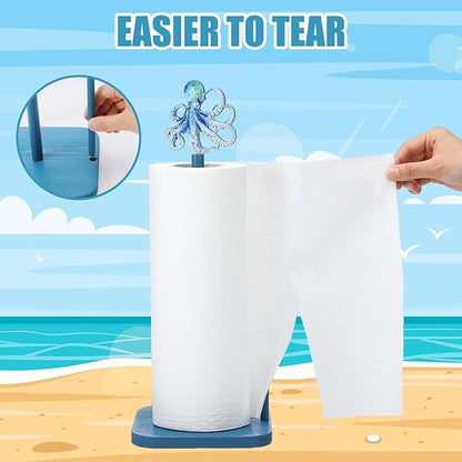 Leinuosen Octopus Paper Towel Holder Beach Octopus Wooden Paper Towel Holder Coastal Nautical Bathroom Countertop Accessories Blue Kitchen Roll Stand Organizer Apartment Ocean Decor Housewarming Gift