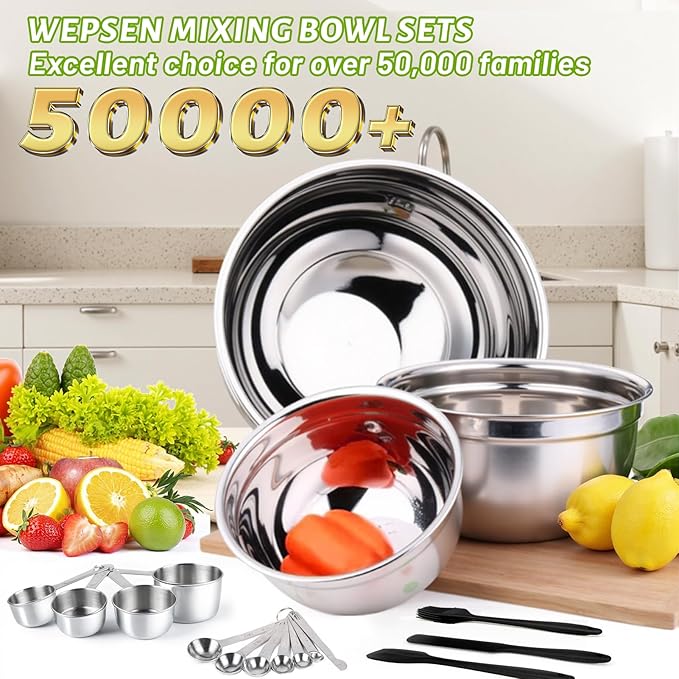 WEPSEN Mixing Bowls Set, 25PCS Stainless Steel Mixing Bowl with Lid Set, Large Nesting Bowls 7, 4.5, 3,2, 1.5QT, Measuring Cups and Spoons Baking Utensils Metal Bowl for Kitchen Prep - Image 2