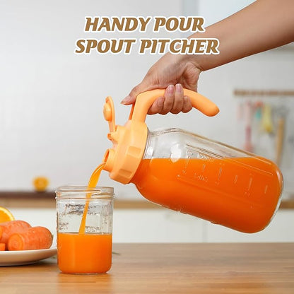 Soligt Glass Mason Jar Pitchers with Lids, Wide Mouth Flip Cap Pour Spout Leak-proof Lid with Handle, 64 oz/2 Quart, for Iced Coffee/Sun Tea Juice/Cold Brew/Milk (2 Pack, Tea Green + Carrot Orange)