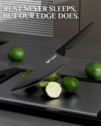 Kitchen Knife Set with Block: 15-Piece High Carbon Stainless Steel Professional Knives - Comfortable Grip Reduces Hand Fatigue 30% - Dishwasher Safe and Sharpener - Black Knife Set for Cooking