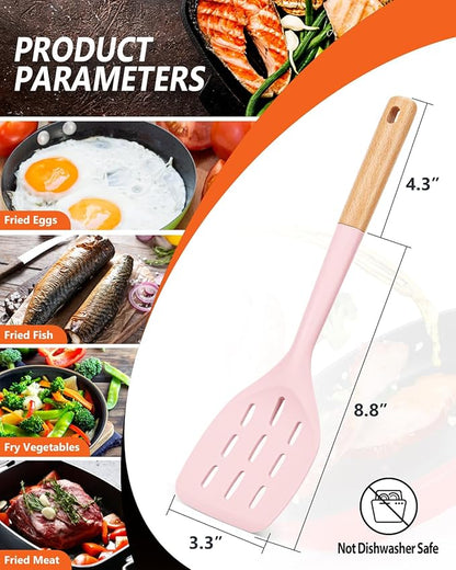 Pack of 2 Silicone Spatula, Non Stick Cooking Utensil Set Wooden Handle Kitchen Turner for Baking Mixing Grilling Serving Food Heat Resistant Non Scratch Hooks Included (Pink) - Image 2