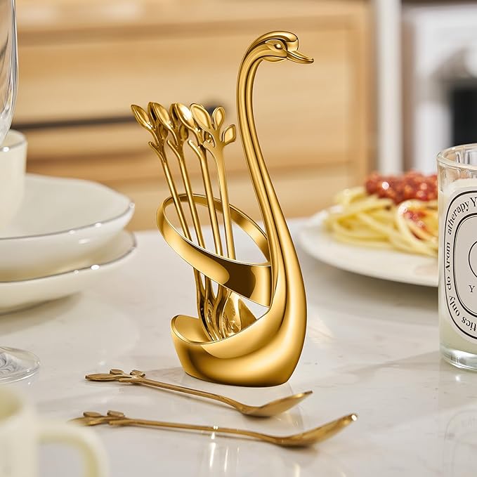 AnSaw Gold Small Coffee Spoon Holder Set,Swan Base With 10 Pcs Demitasse Espresso Spoons Set,4.7" Mini Leaf Dessert Spoon,Stainless Steel Tea Spoons - Image 6