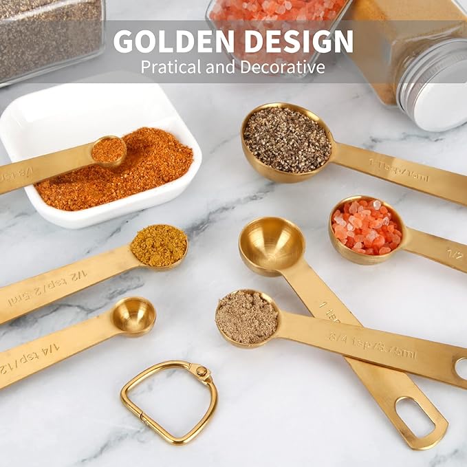 Measuring Spoons,304 Stainless Steel Measuring Cups & Spoon Set of 7 Piece:1Tbsp&1/2Tbsp,1tsp,3/4tsp,1/2tsp,1/4tsp,1/8tsp Teaspoon Coffee Scoop Tablespoon for Dry and Liquid Ingredients,Gold - Image 4