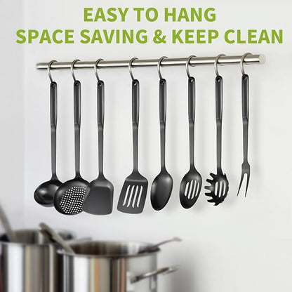 304 Stainless Steel Cooking Utensils Set, 8PCS Kitchen Utensils Set, Include Skimmer, Soup Ladle, Spaghetti Server, Wok Spatula, Slotted Spoon, Solid Spoon, Slotted Spatula Turner & Meat Fork, Black - Image 2
