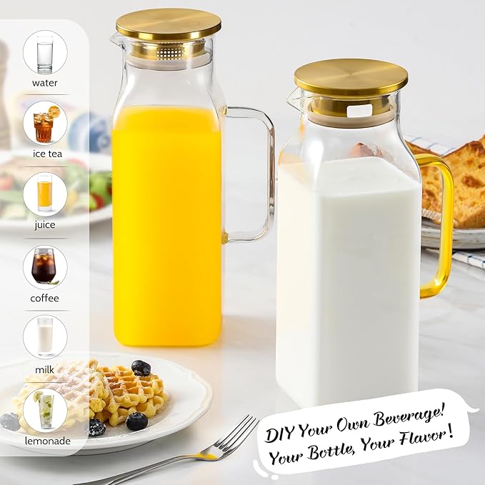 2 Pack 2 Liters/68 oz Square Glass Pitcher with Lid and Handle for Fridge, Iced Tea and Coffee Carafe Beverage Serveware, Heat Resistant Borosilicate Water Gold Jug for Hot/Cold Drinks and Milk - Image 3