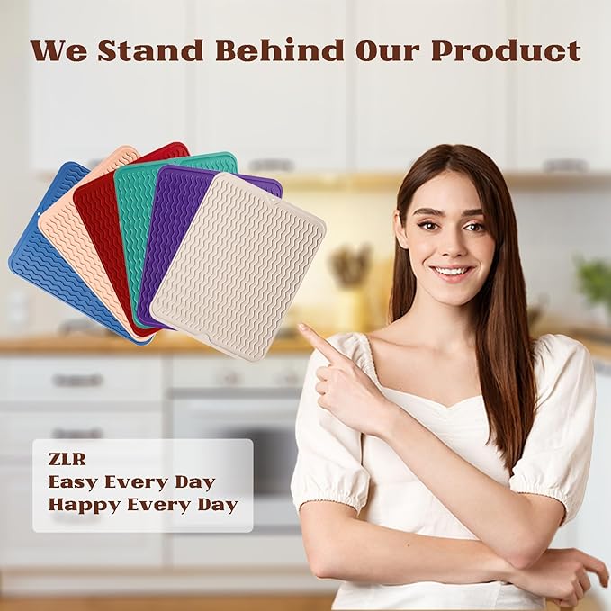 ZLR Silicone Dish Drying Mat & Heat Resistant Trivet (12" x 16") - Waterproof Counter Protector for Air Fryer, Coffee Maker - Non-Slip, BPA Free Kitchen Pad, Easy Clean Dishwasher Safe (Cassava White) - Image 7