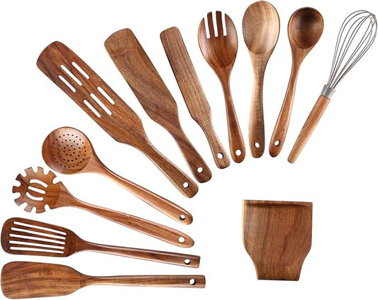 Kitchen Utensils Set, NAYAHOSE 12 Pcs Teak Wooden Cooking Spoons Spatula Spurtles Kit with Spoon Rest Whisk, Non-stick Natural Kitchen Tools