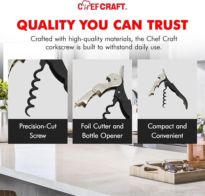 Chef Craft Select Waiters Corkscrew with Foil Cutter and Bottle Opener, 5 inches in Length, Stainless Steel/Black - Image 6