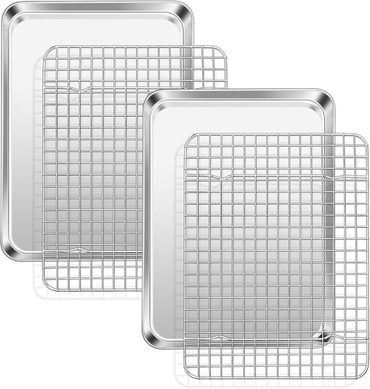 TeamFar Baking Pan with Rack Set (2 Pans + 2 Racks), Stainless Steel Cookies Sheet Baking Tray Pan with Grid Cooling Rack for Toaster Oven, Healthy & Heavy-Duty, Dishwasher Safe, 12.5 x 9.5 x 1 Inch