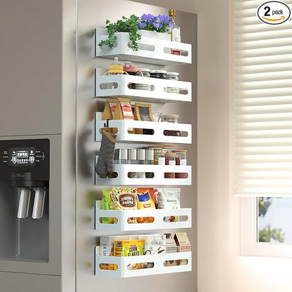 Sevenblue 6 Pack Strong Magnetic Spice Rack for Refrigerator, Multipurpose Magnetic Shelf for Fridge with 4 Hooks for kitchen and Bathroom Organization, White by Sevenblue