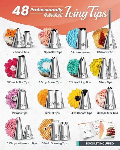 RFAQK 250 PCs Aluminum Cake Decorating Tools Kit with 12" Metal Turntable & Knife set-48 Numbered Icing Tips-3 Russian Piping Nozzles-Straight & Angled Spatula-Cake Leveler& Baking Supplies Tools - Image 5