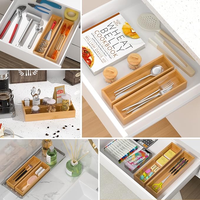 VeyFey Silverware Tray for Drawer, Stackable Kitchen Bamboo Drawer Organizer 12" x 3" x 2" Set of 2 - Image 4
