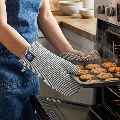 Encasa XO Heat Resistant 100% Cotton Oven Glove & Potholder Set with Loop, Kitchen Cooking Mittens, Microwave Safe Hot Pads (Ticking Black)