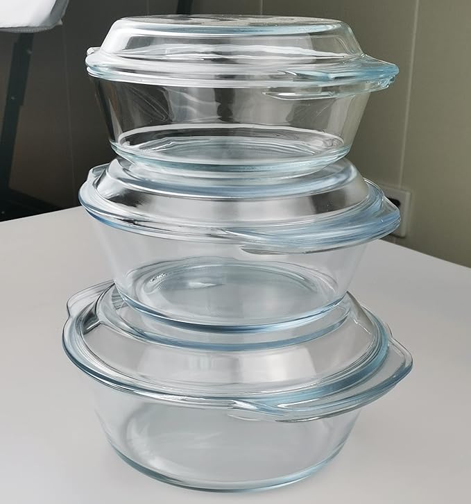 Casserole Baking Dish with 2 pcs, 1 QT large,Round with Handle and Lid, Tempered Glass, Oven Microwave Dishwasher freezer safe,Cookware Bowl,Clear