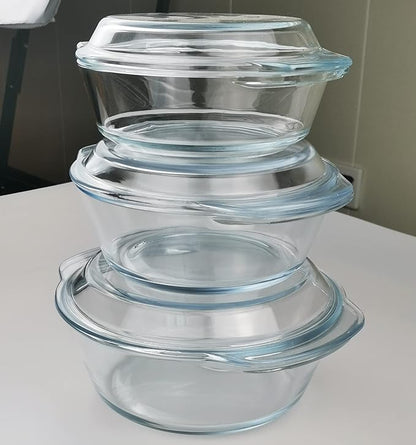 Casserole Baking Dish with 2 pcs, 1.5 QT large,Round with Handle and Lid, Tempered Glass, Oven Microwave Dishwasher freezer safe,Cookware Bowl,Clear