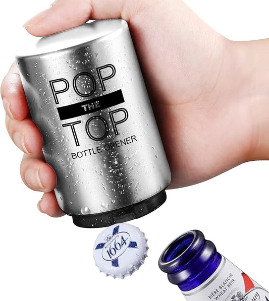 Pop The Top Bottle Opener, Automatic Beer Bottle Opener with Magnetic Cap Catcher, Push&Pop Stainless Steel One Handed Bottle Openers for Bar Kitchen Home Restaurant Beer Gift