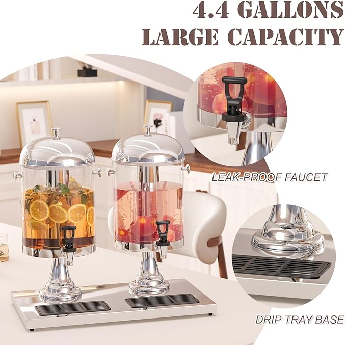 Beverage Dispensers, 4.4 Gallon/16-L Commercial Beverage Dispenser Cold Drink Dispenser Stainless Steel Drink Dispensers with Centre Ice Core and Stand Drip Trays for Parties Pub Cafeteria - Image 3