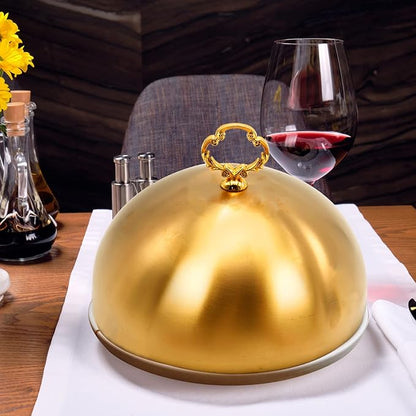 Gold Stainless Steel Food Dome Cover Food Protecting Dome Cover Serving Plate Dish Dome Cake Butter Dessert Cheese Cover for Burgers Restaurant Party (Flower Wreath Bead)