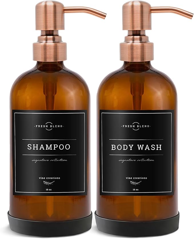 Vine Creations Amber Glass Soap Dispenser, 2 Pack Kitchen Soap Dispenser Set with Stainless Steel Pump, 16 oz Dish Soap and Hand Soap Dispensers for Bathroom with Waterproof Labels - Image 7
