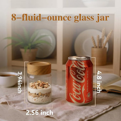 6-Pack 8 fl oz Stackable Airtight Glass Jars (with Acacia Wood Lids + Sticker Labels) – Small Mason Jars designed for overnight oats, spices, dry goods, and kitchen organization.