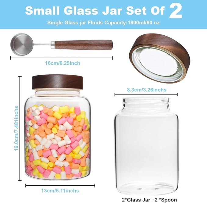 60 oz Glass Coffee Jars with Wooden Airtight Lid Spoon Clear Herb Ground Canister Round Food Storage Container for Sugar Pantry Flours Tea Coffee Bean Spice Cookies (1800ml/60oz-2PACK（with spoon)) - Image 8